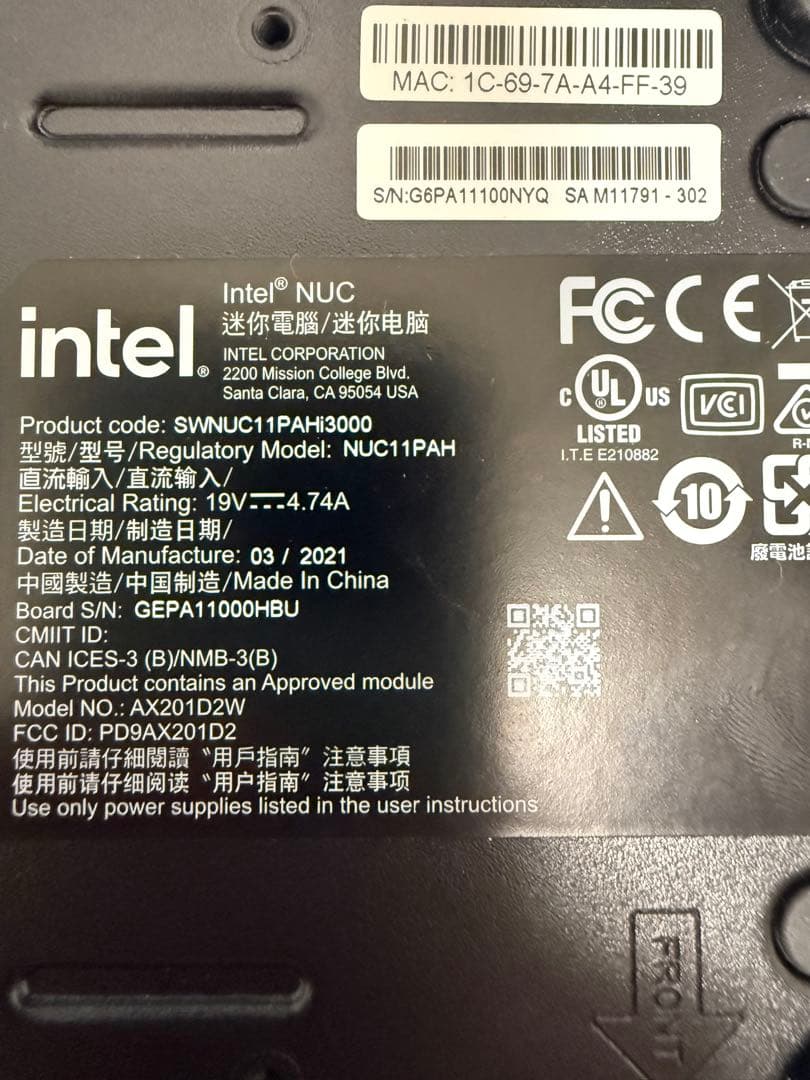 Intel NUC 11 i3 ミニPC NUC11PAHi3