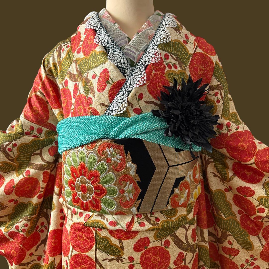 (え49) 亀甲華紋帯 × 梅松祝彩 大正ロマンな色味の現代振袖㊗️③点セット