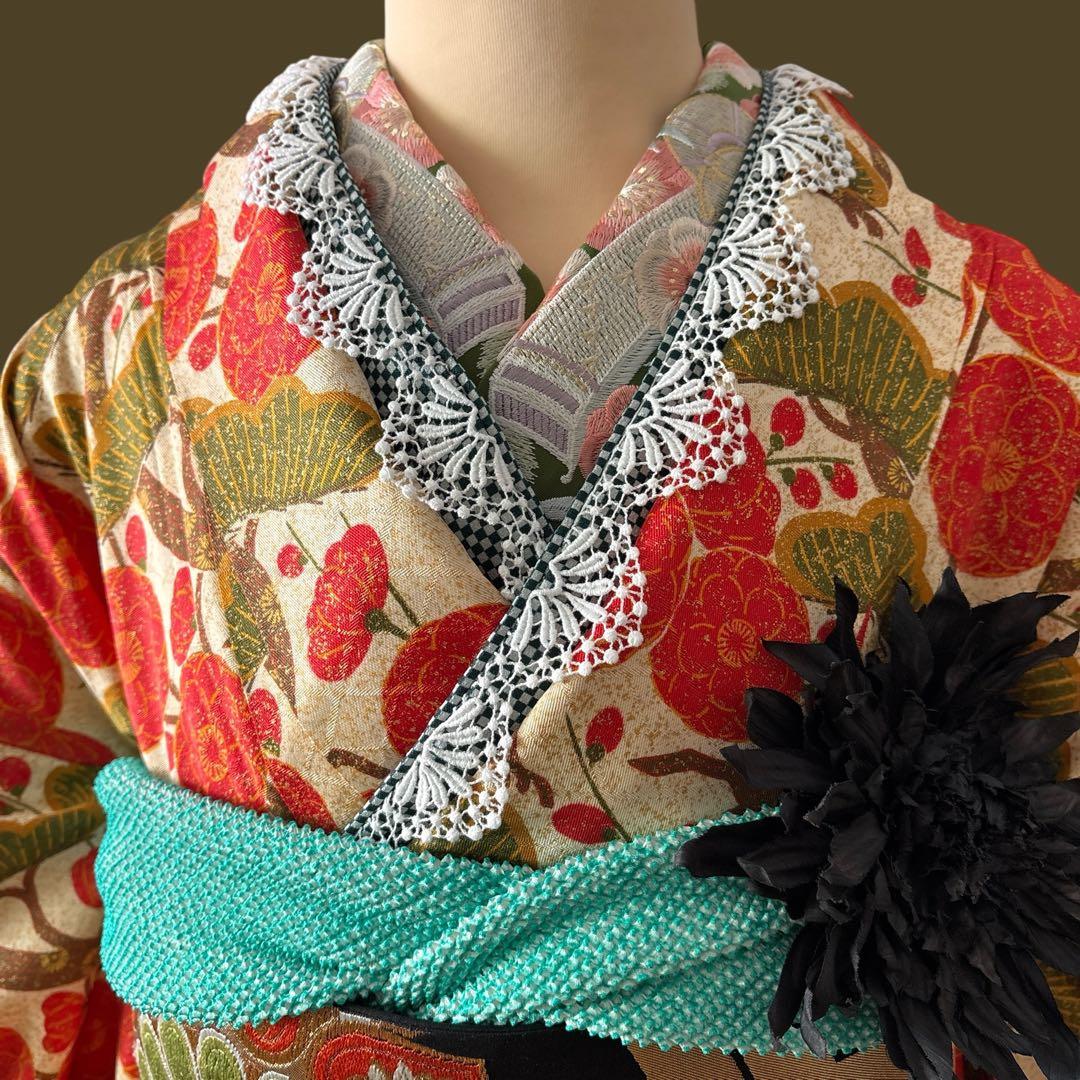 (え49) 亀甲華紋帯 × 梅松祝彩 大正ロマンな色味の現代振袖㊗️③点セット