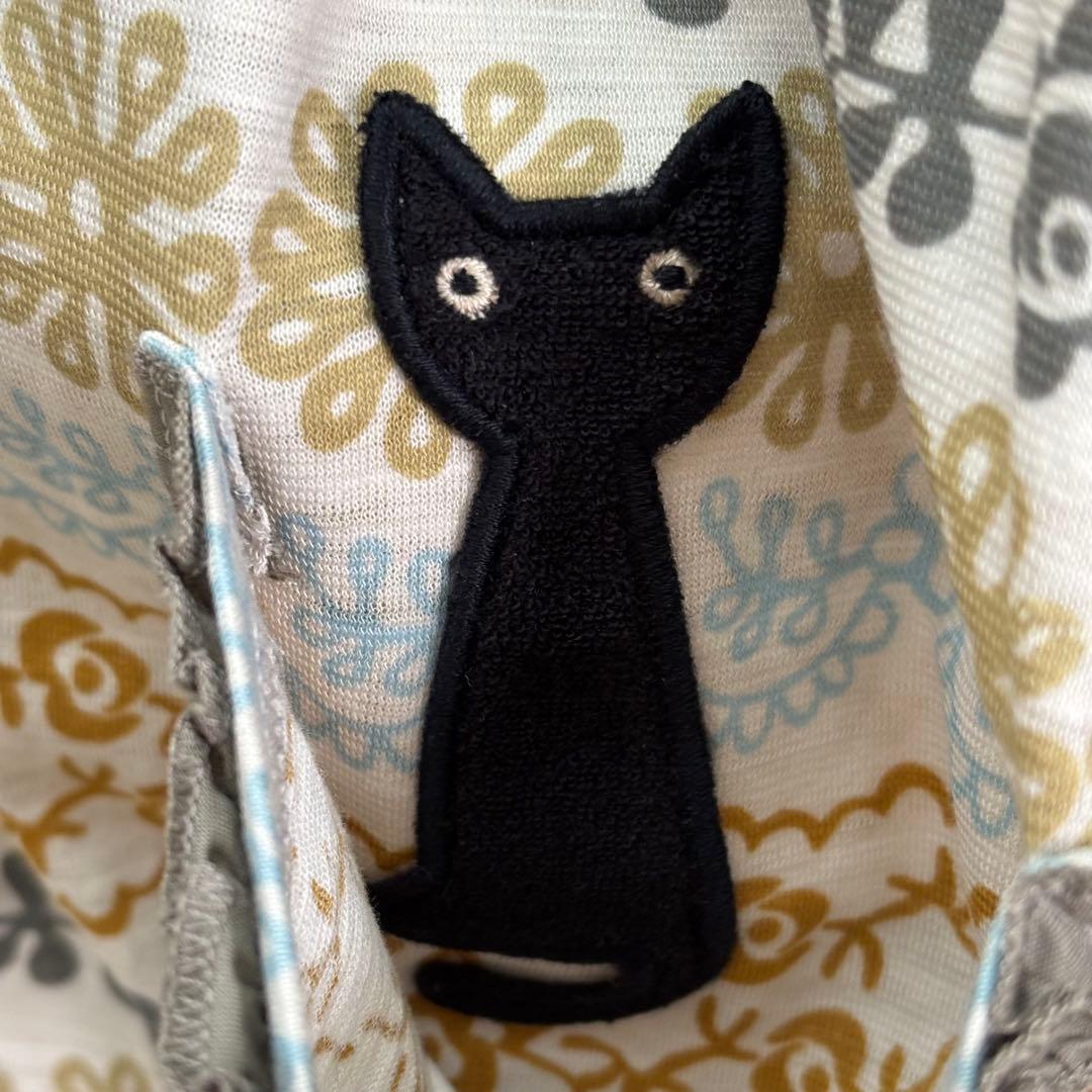 美品 コットン 綿 前開き ルームワンピース 七分袖 可愛い 黒猫 総柄