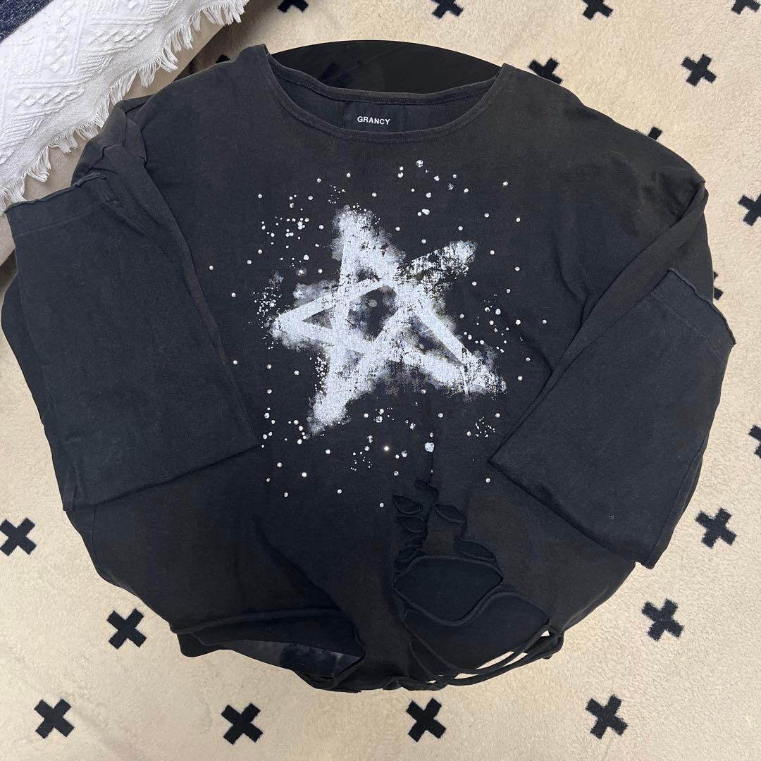 Grancy ラインストーンデザイングラフィックダメージロンＴ ブラック M