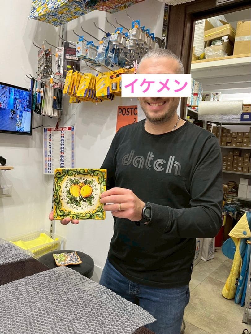 イタリア製シチリア手描き陶器プレート　黄色と緑　レモンデザイン　壁飾り　新品