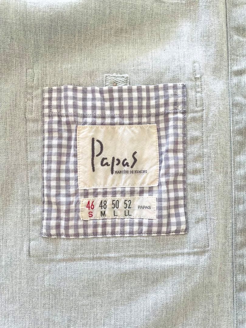 PAPAS 綿麻ストレッチデニム　シャツ型ブルゾン　ライトグレー　Sサイズ