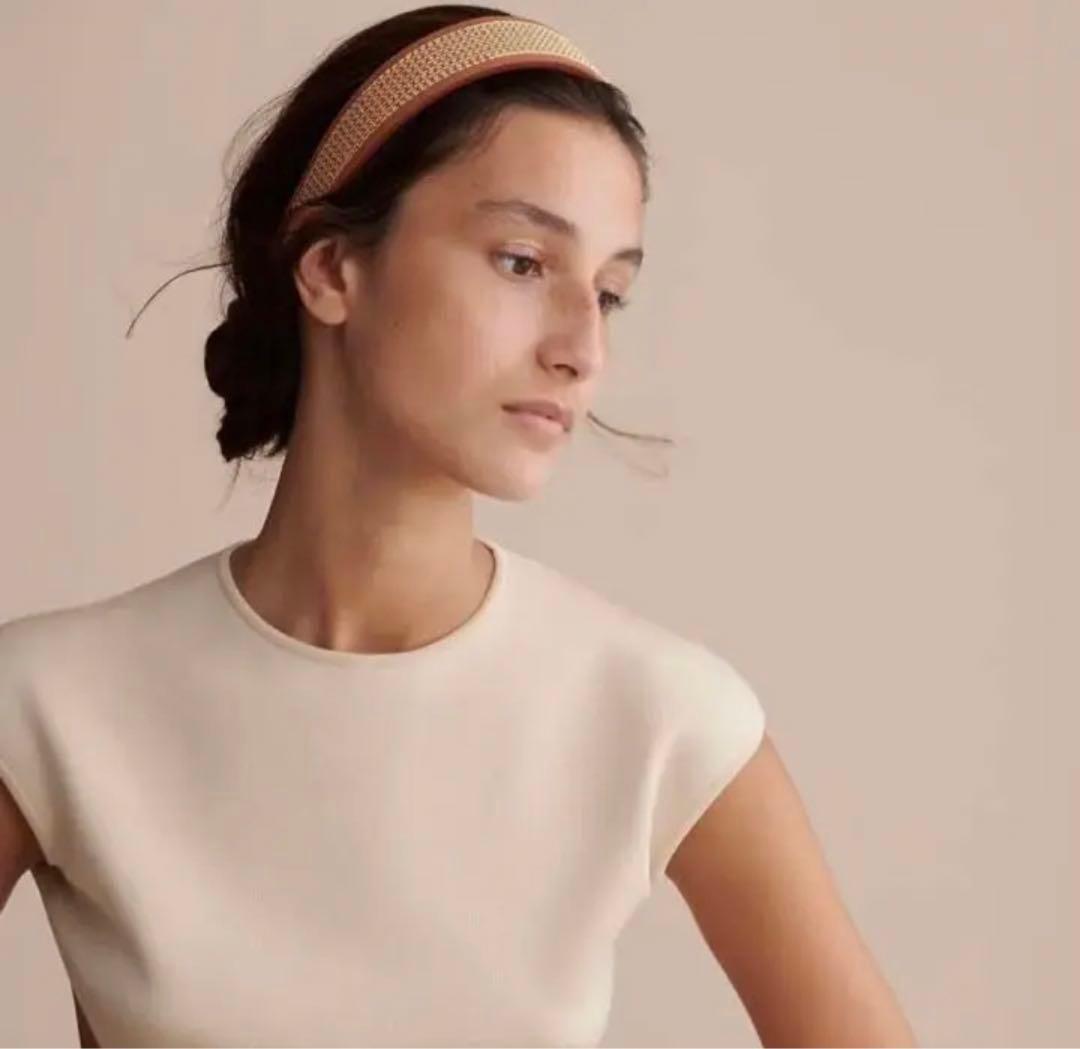 HERMES ベージュレザー エリザベスヘアバンド　カチューシャ