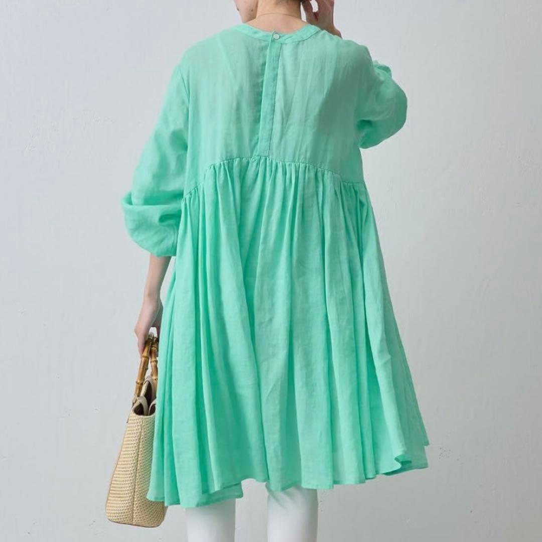【極美品】BEARDSLEY 麻100%リネンギャザーワンピース ターコイズ