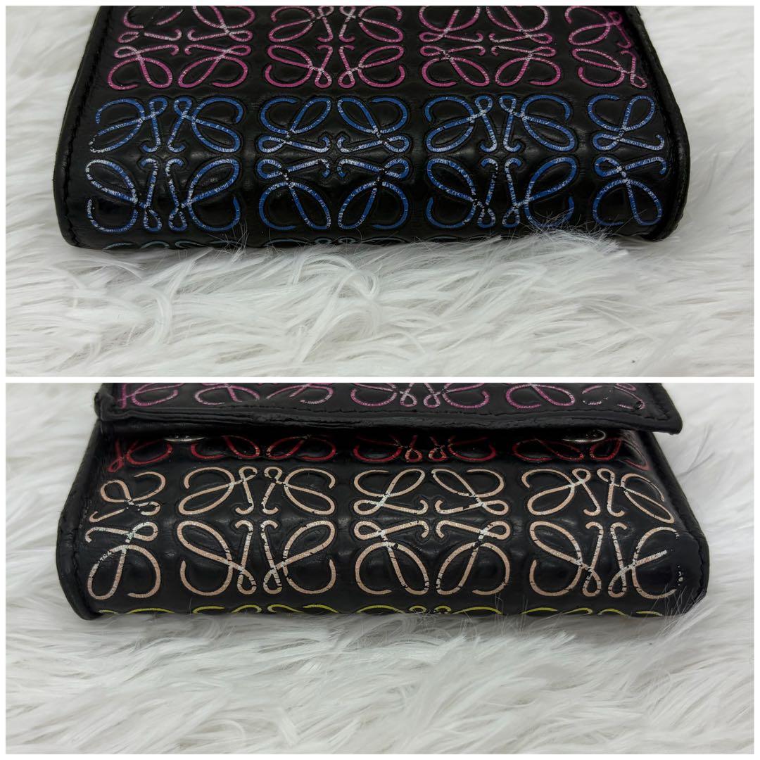 美品✨️ロエベ 三つ折り財布 リピートアナグラム レザー 黒 マルチカラー