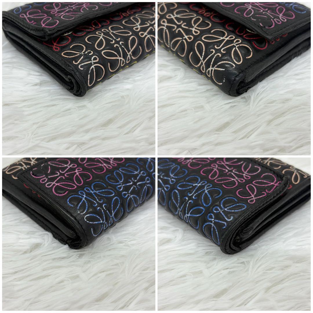 美品✨️ロエベ 三つ折り財布 リピートアナグラム レザー 黒 マルチカラー