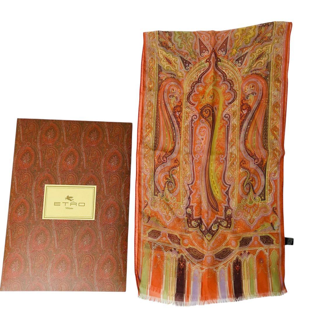 ETRO エトロ ペイズリー柄 シルクストール イタリア製 オレンジ系