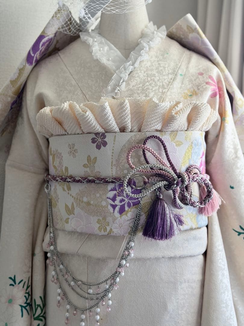 花柄振袖 クリーム色とピンク フルセット