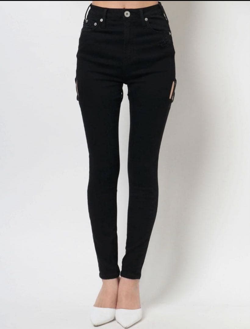 GYDA M/W BACKレースクロスデザインカラースキニーパンツ ブラック　M