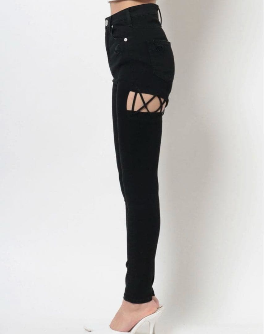 GYDA M/W BACKレースクロスデザインカラースキニーパンツ ブラック　M