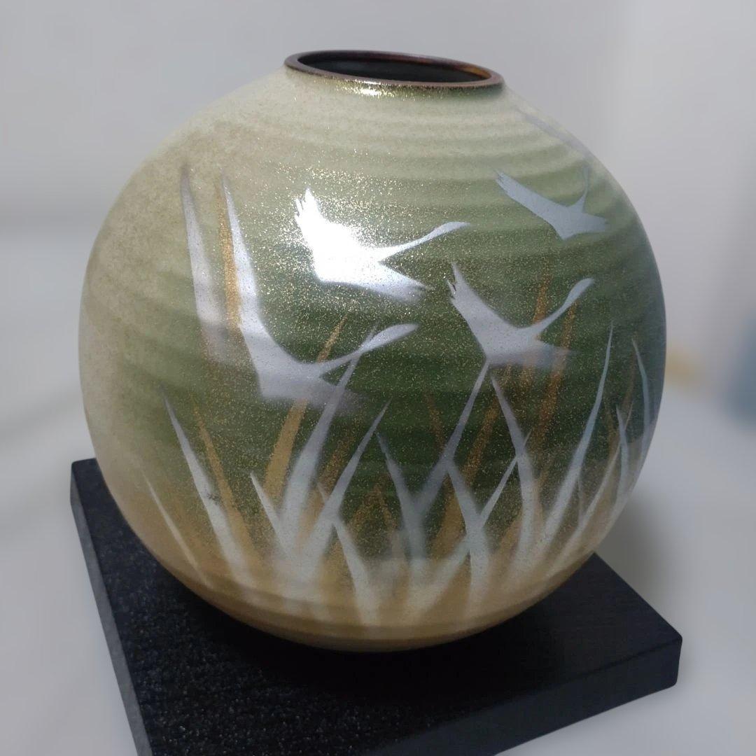 陶器 花瓶 鶴デザイン 直径約18cm
