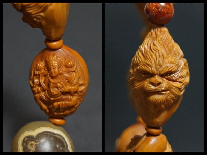 オリーブの種(橄欖核) 職人技細工彫り『悟空/三蔵法師/布袋様』数珠ブレスレット
