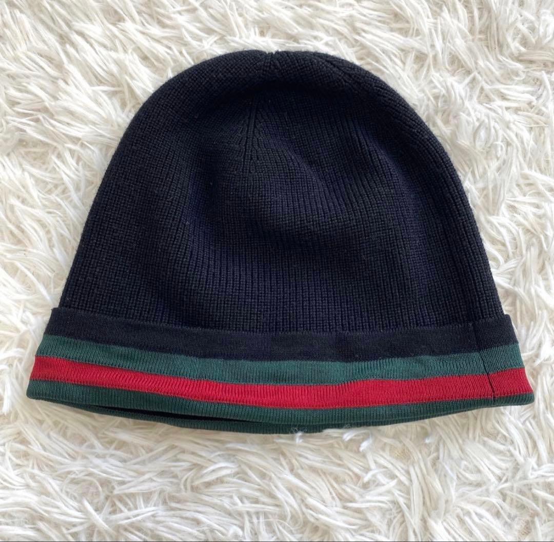グッチ　シェリーライン　シルク　カシミヤ　ニット帽　ビーニー　ブラック　XL
