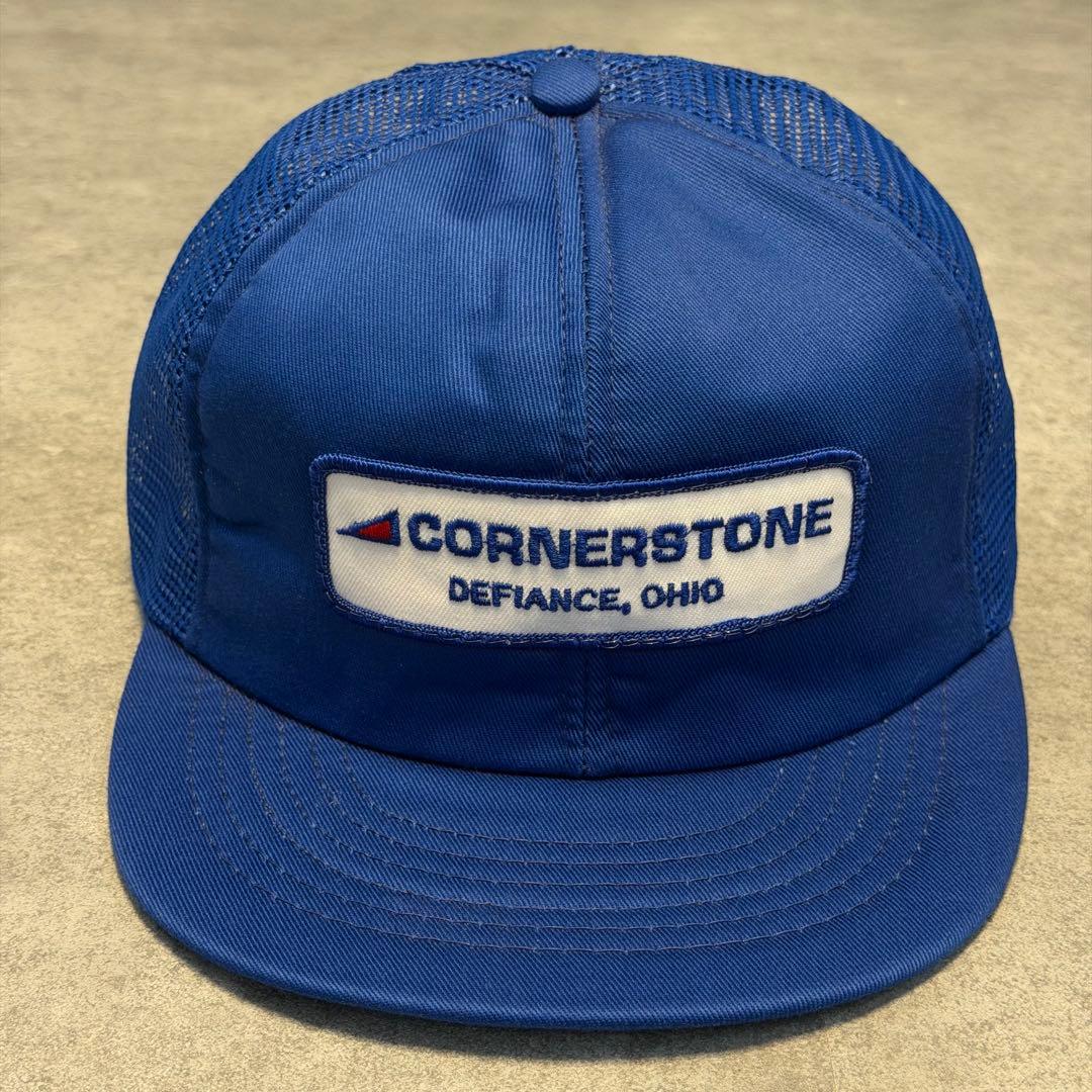 90s USA製 CORNERSTONE メッシュキャップ 青 企業 ワッペン