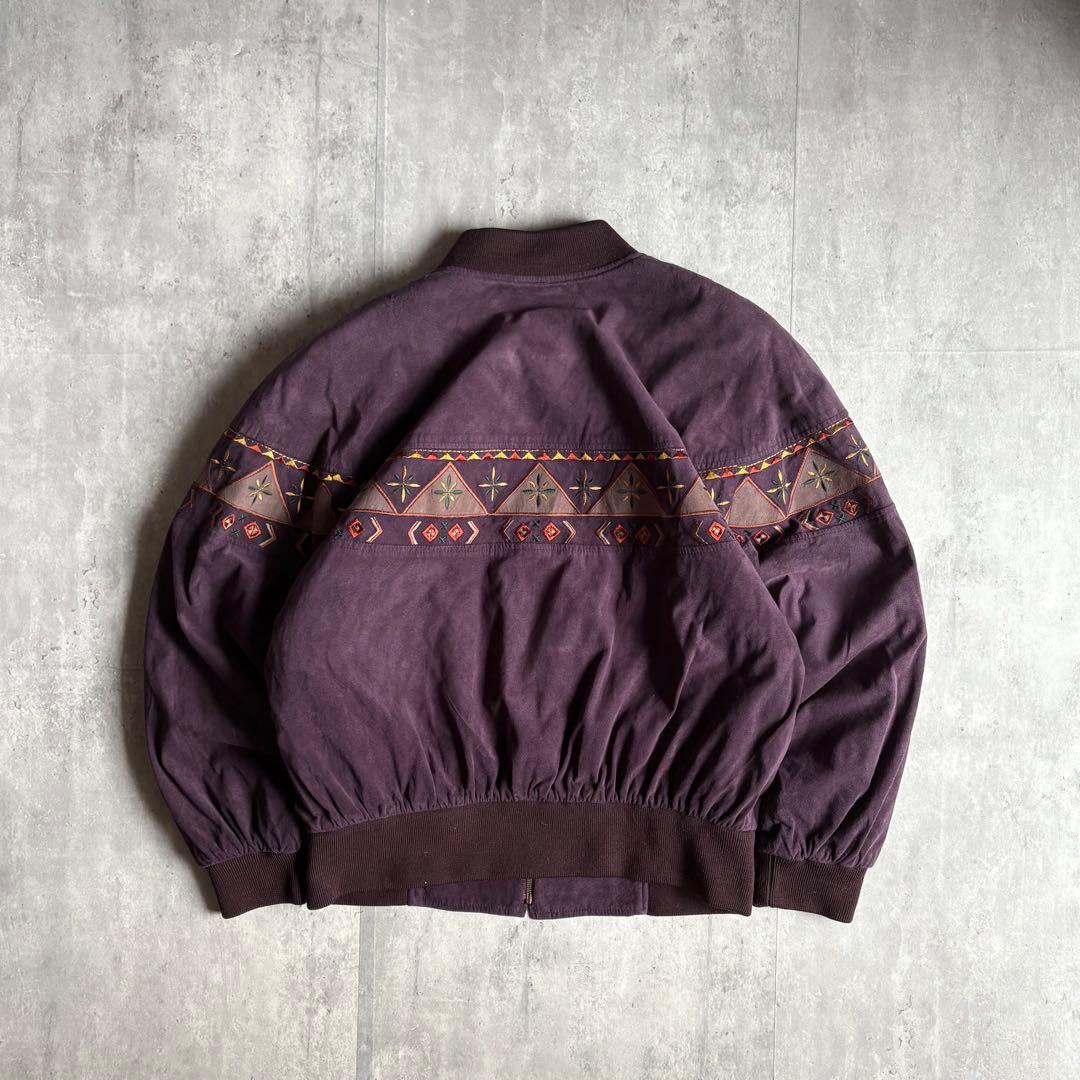 【80s vintage】ジップブルゾン　スエード　ネイティブ柄　刺繍　短丈
