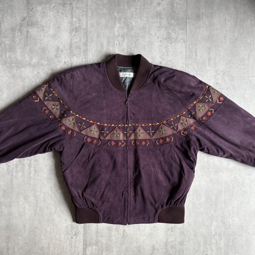 【80s vintage】ジップブルゾン　スエード　ネイティブ柄　刺繍　短丈