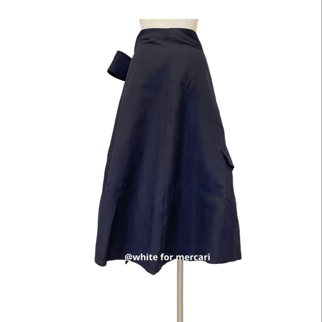 MARNI イタリア製 ビッグおりぼんベルト変形フレア濃紺ミモレ丈スカート