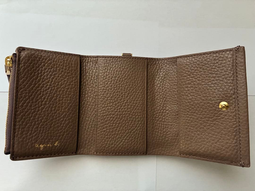 【美品】agnes b. アニエスベー 三つ折り財布 ショルダー付 グレージュ系