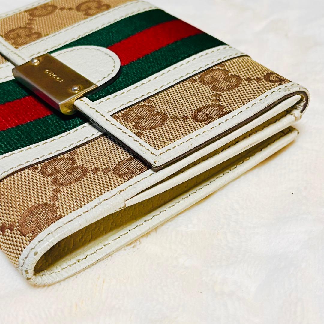 GUCCI 二つ折り財布 シェリーライン GGキャンバス レザー Wホック