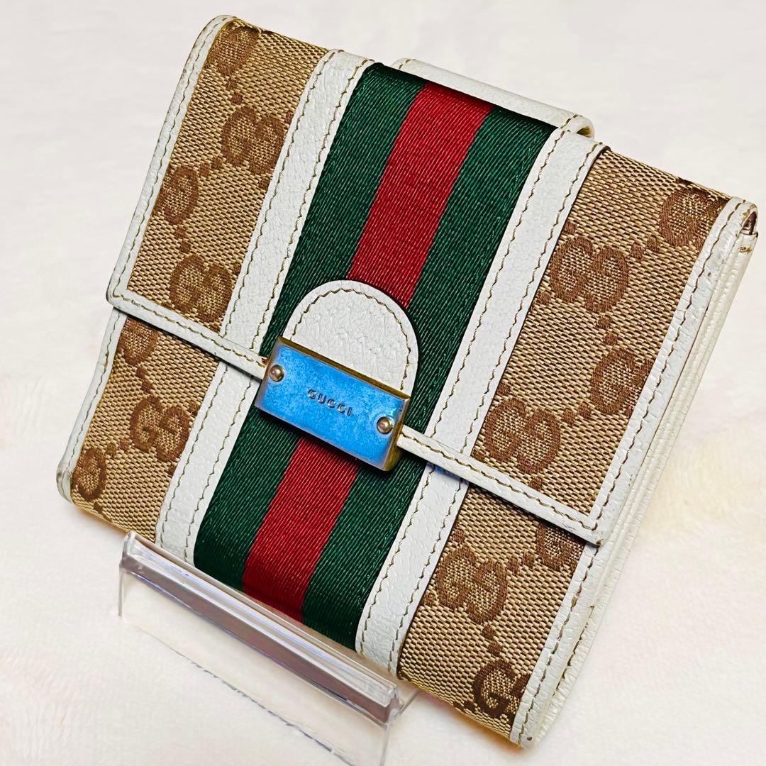GUCCI 二つ折り財布 シェリーライン GGキャンバス レザー Wホック
