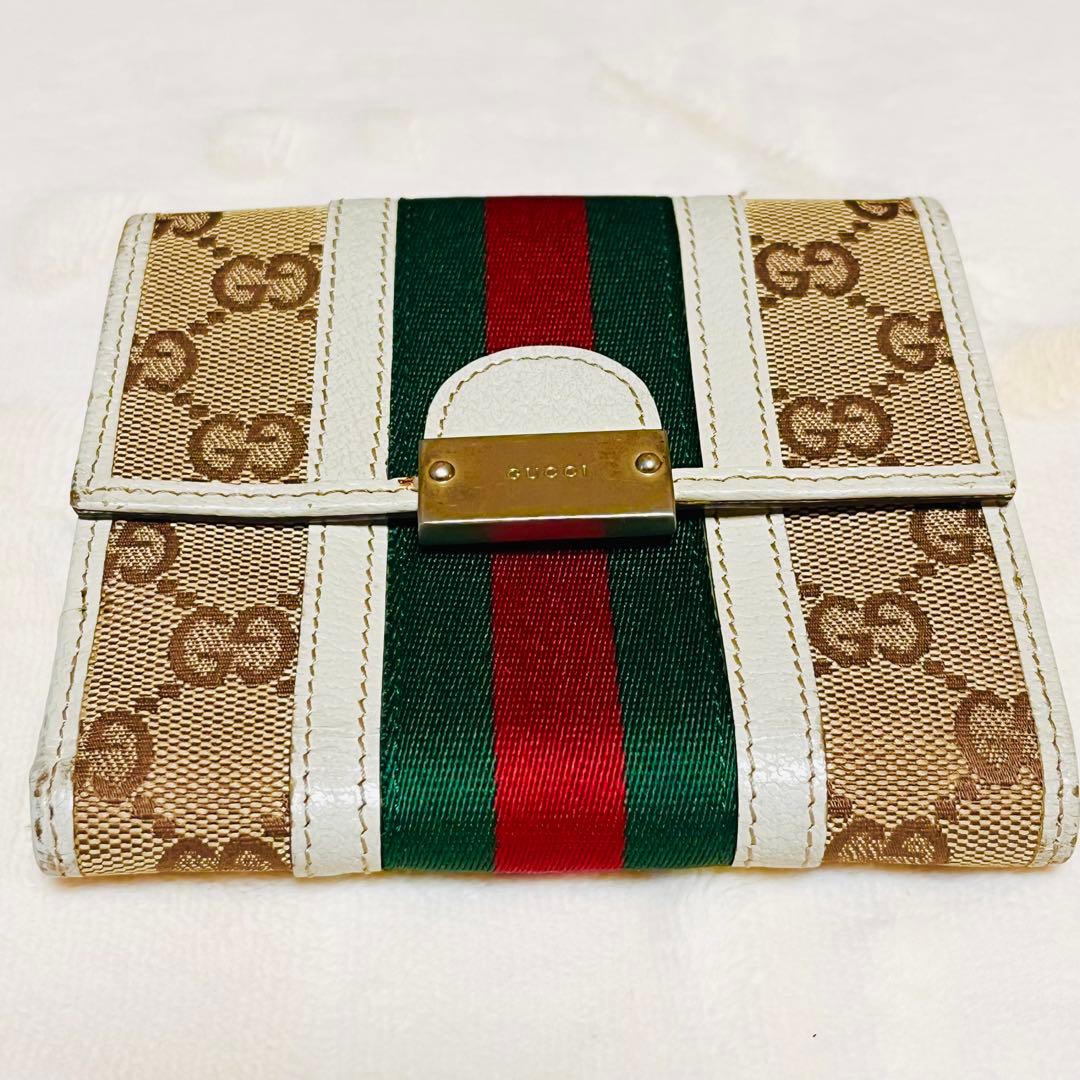 GUCCI 二つ折り財布 シェリーライン GGキャンバス レザー Wホック