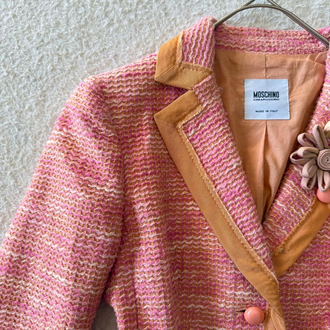 モスキーノ ツイード ジャケット コサージュ イタリア製 S相当 ピンク 美品
