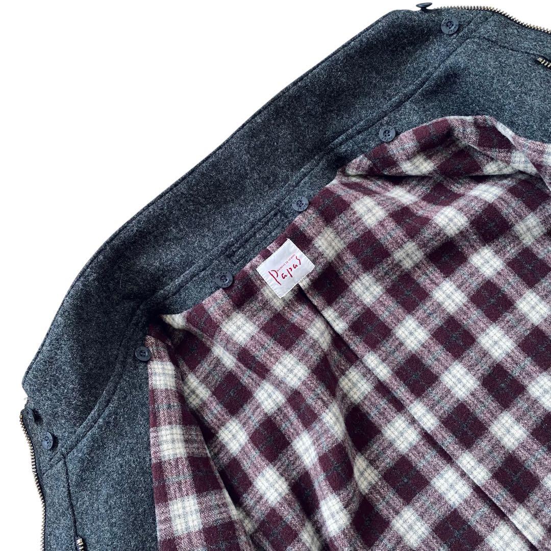 Papas パパス【美品】裏地チェック柄 フルジップ ウールブルゾン L