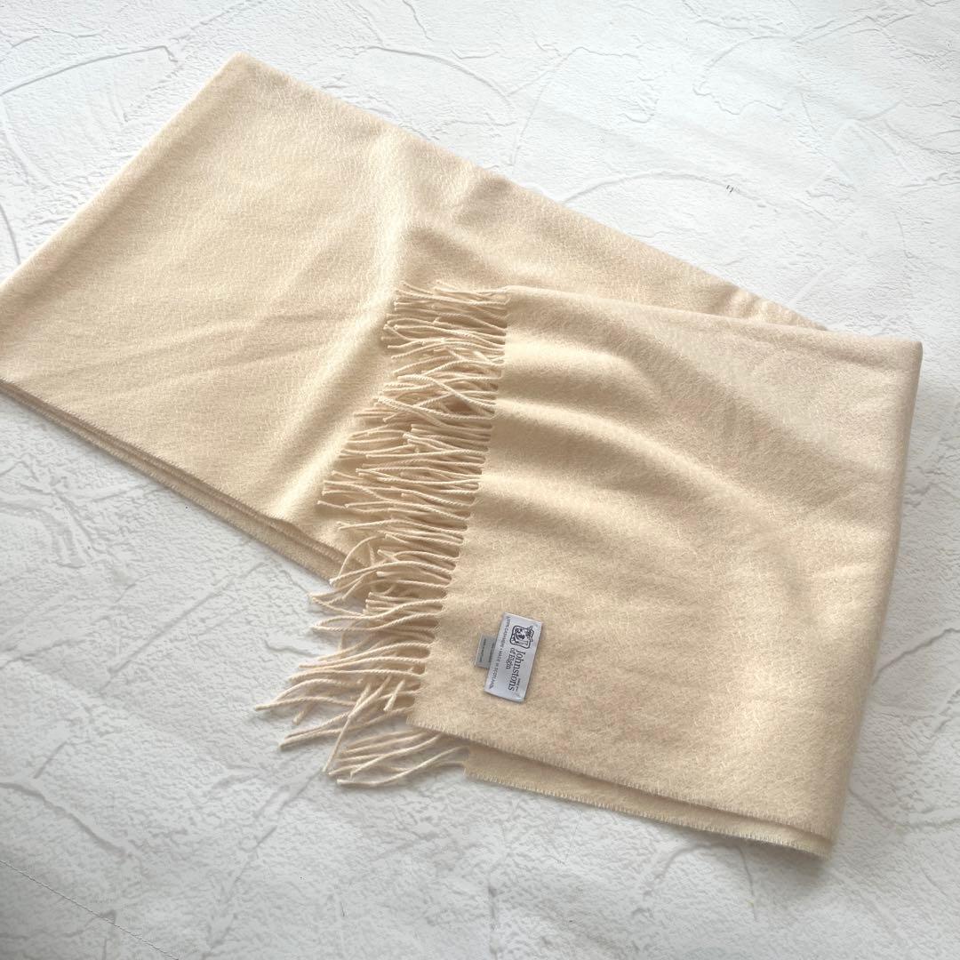 美品 ジョンストンズ カシミヤ100% 大判厚手 ストール　ホワイトベージュ