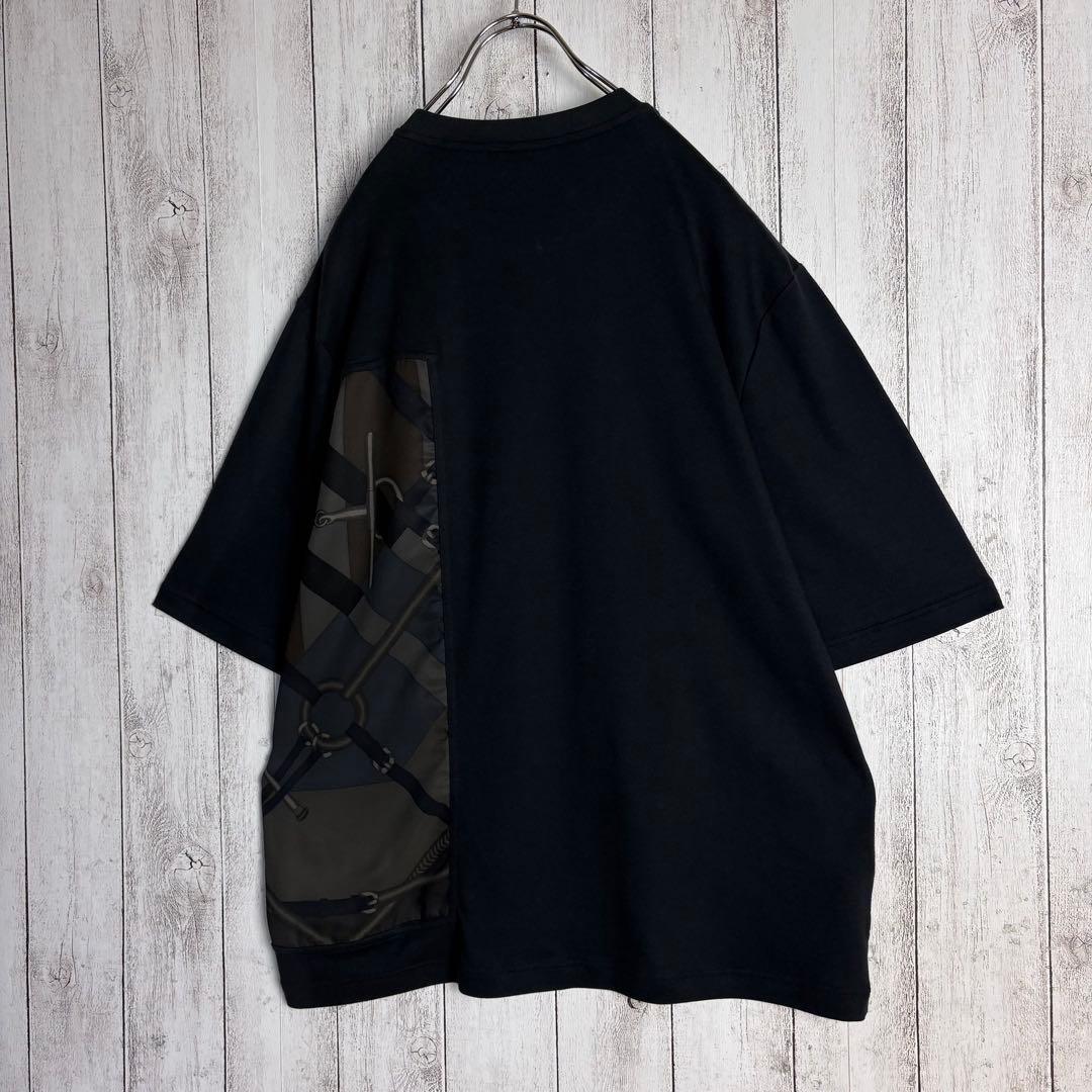 6249【未使用級・タグ付き】エルメス☆シルク切替Tシャツ ブラック Lサイズ