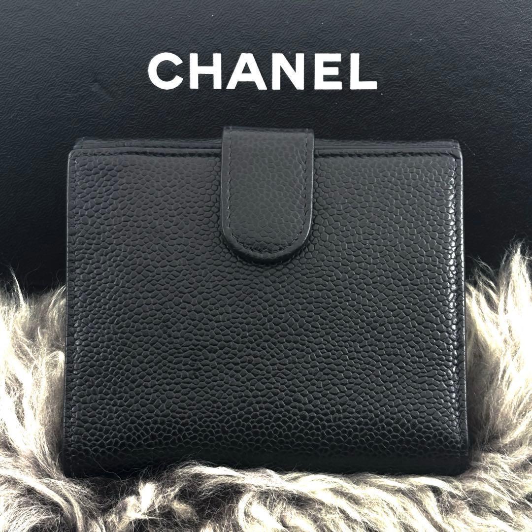【美品✨】シャネル ココステッチ キャビア Wホック 二つ折 財布