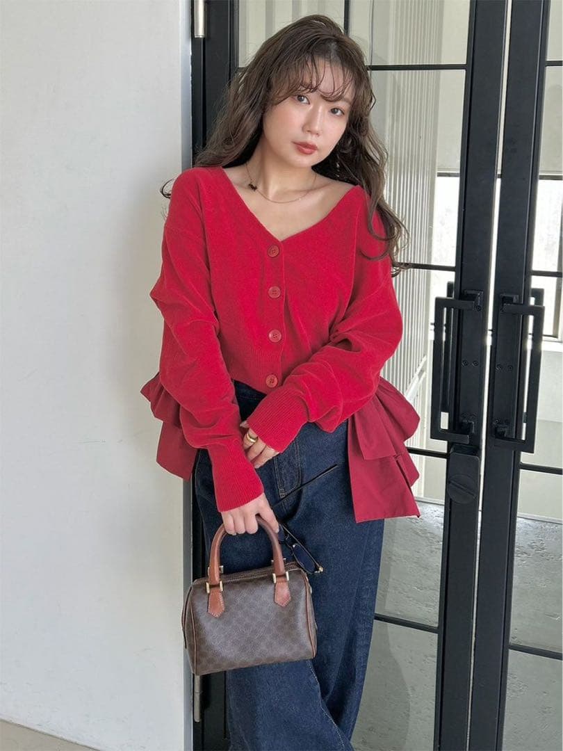 【新品タグ付】SNIDEL リボンドッキングカーディガン RED レッド