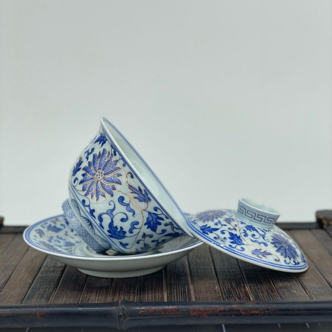 中国茶器 景徳鎮 締め金糸青花磁蓋碗 茶碗 煎茶器 新品未使用
