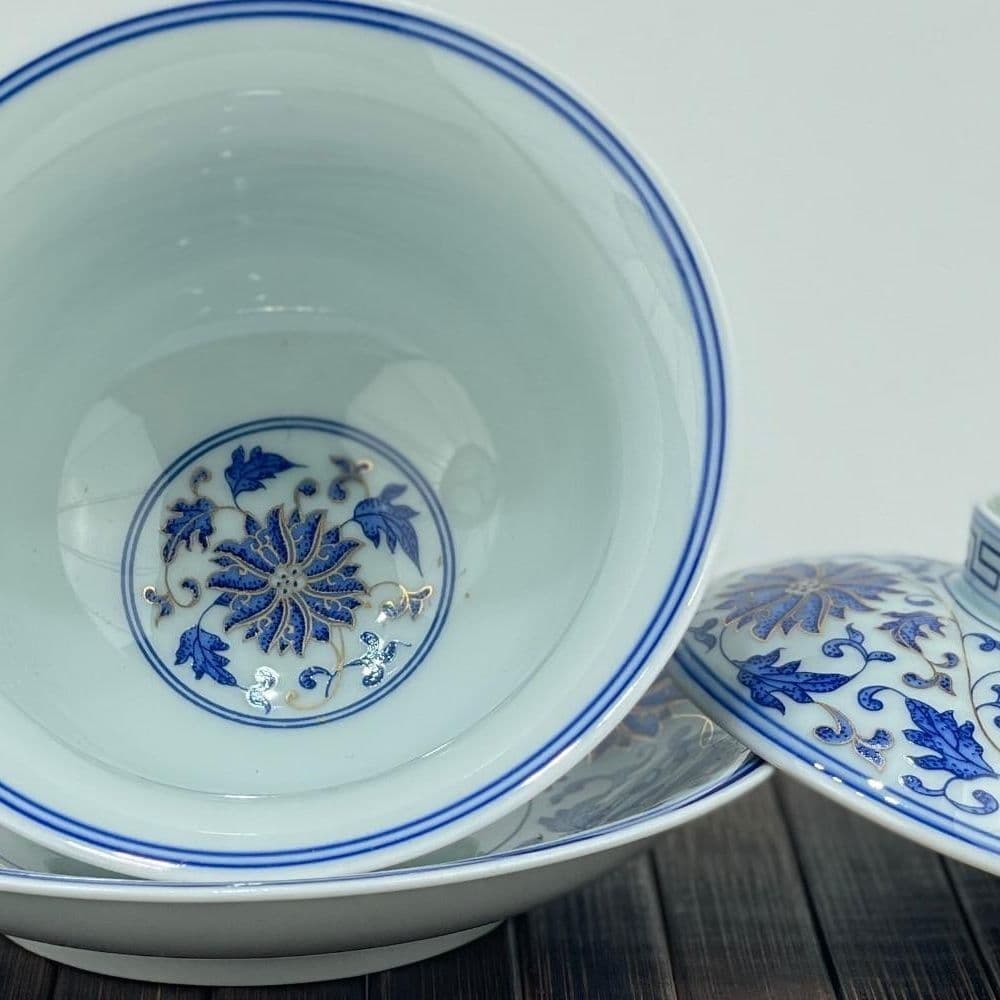 中国茶器 景徳鎮 締め金糸青花磁蓋碗 茶碗 煎茶器 新品未使用