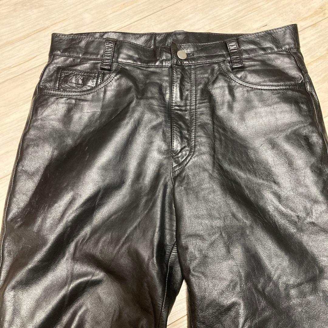 本革　ブラックレザーストレートパンツ　W34