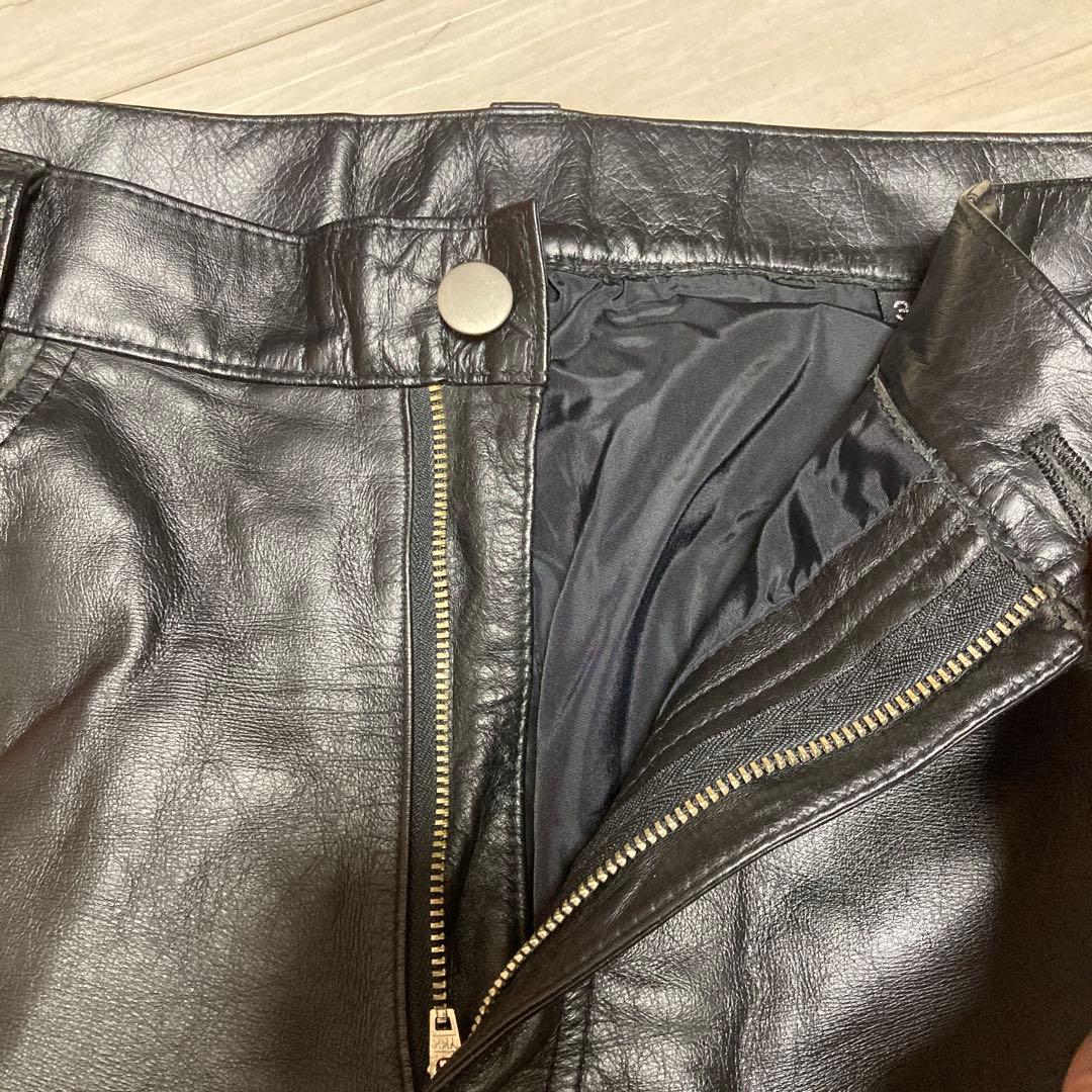 本革　ブラックレザーストレートパンツ　W34
