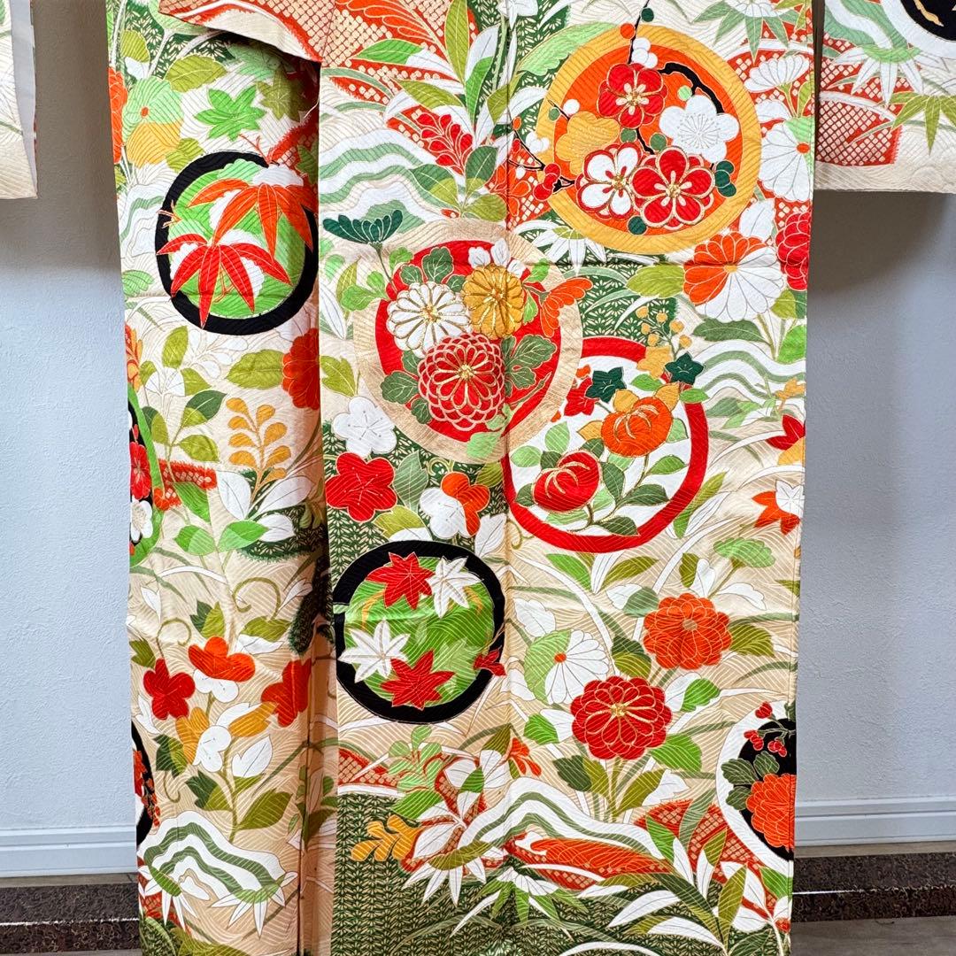 超美品　振袖　現代　振袖　成人式　着物　161裄64　三越　黄緑　緑　オレンジ