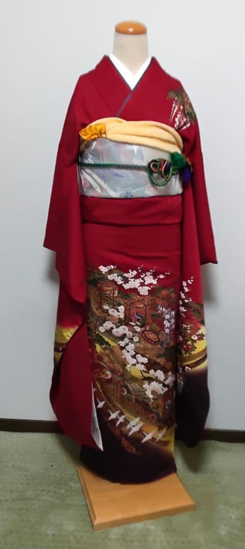 正絹　振袖　単品　赤系　和柄