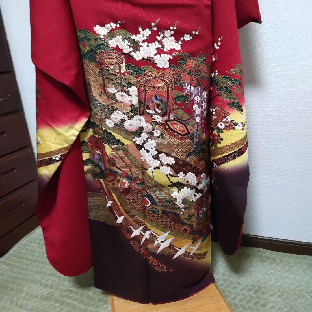 正絹　振袖　単品　赤系　和柄