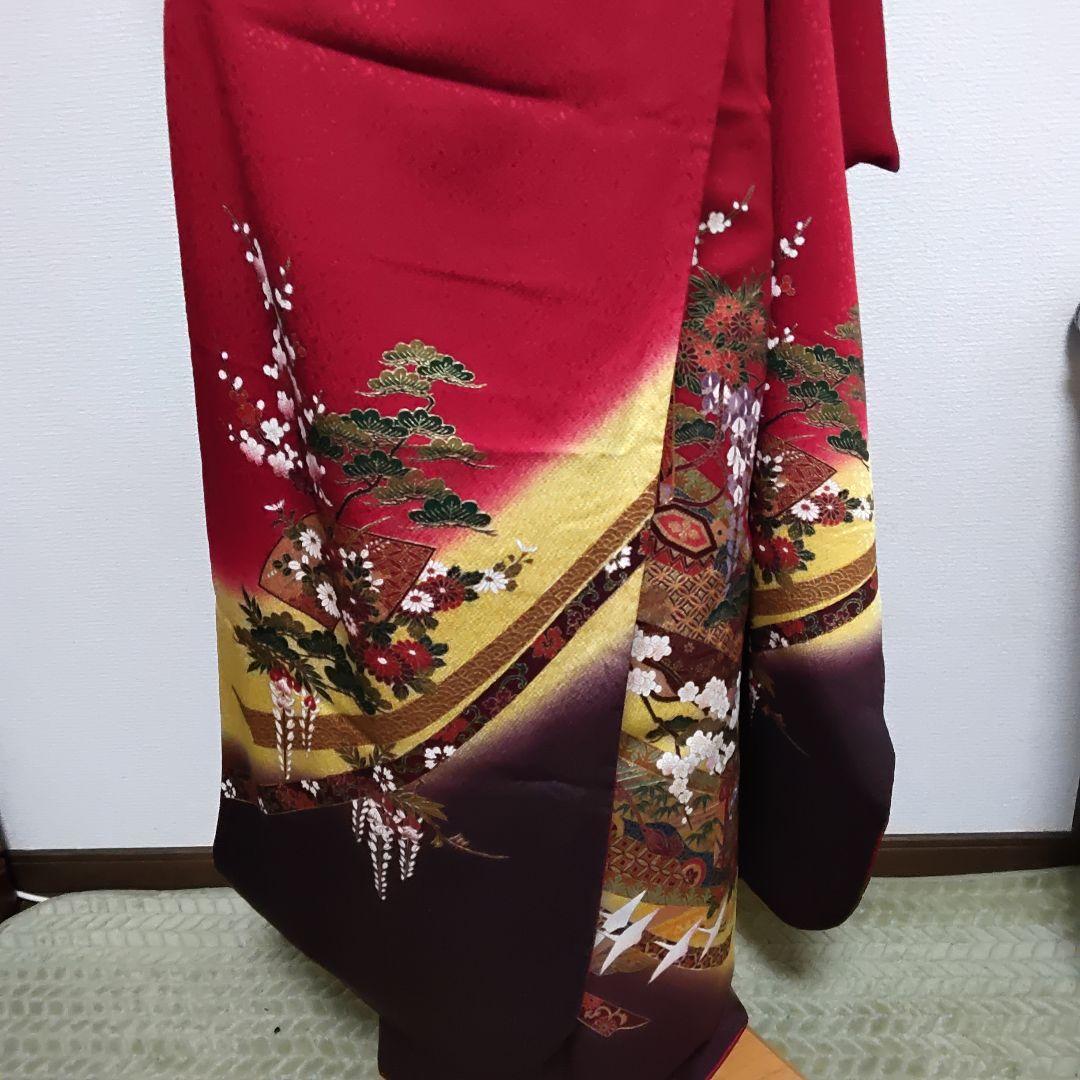 正絹　振袖　単品　赤系　和柄