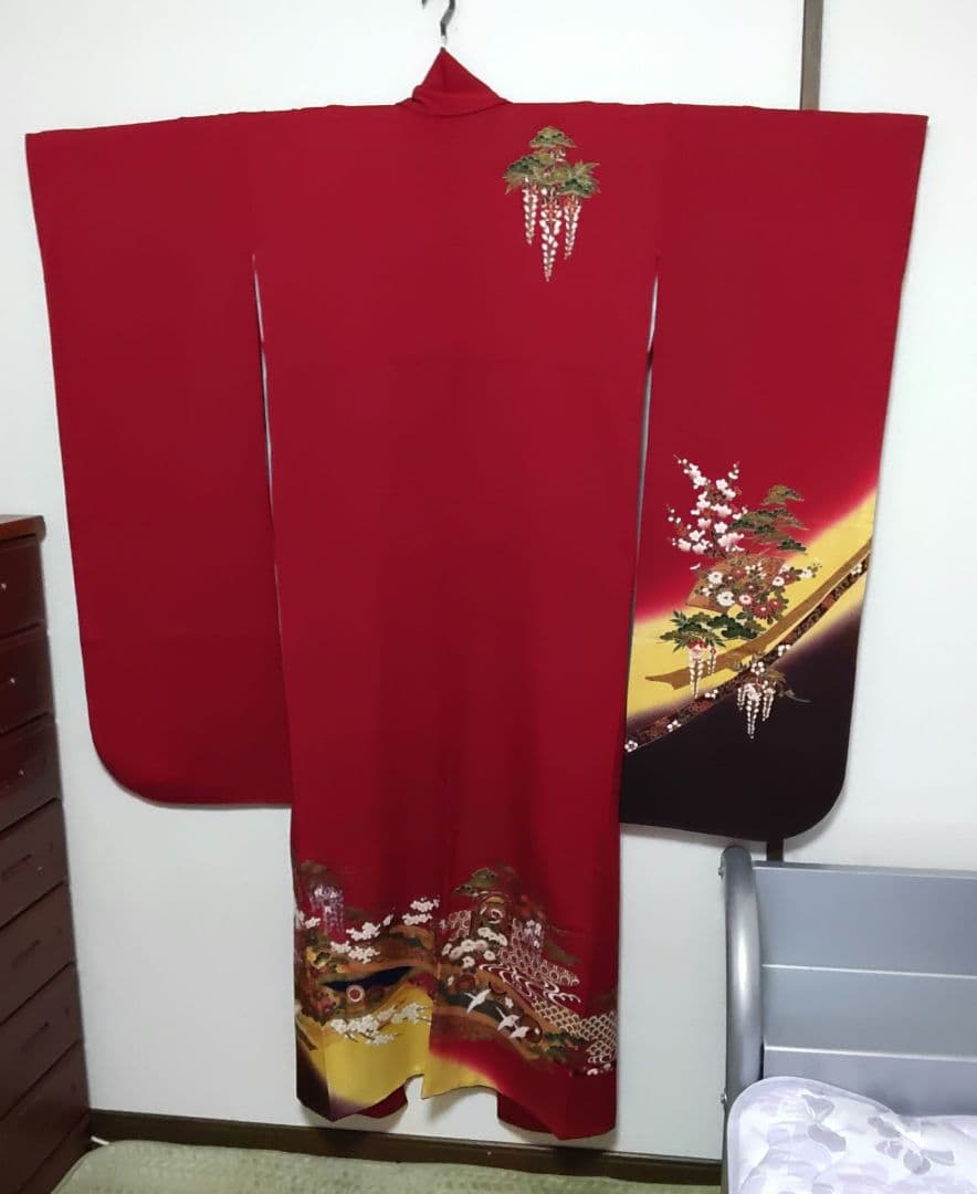 正絹　振袖　単品　赤系　和柄