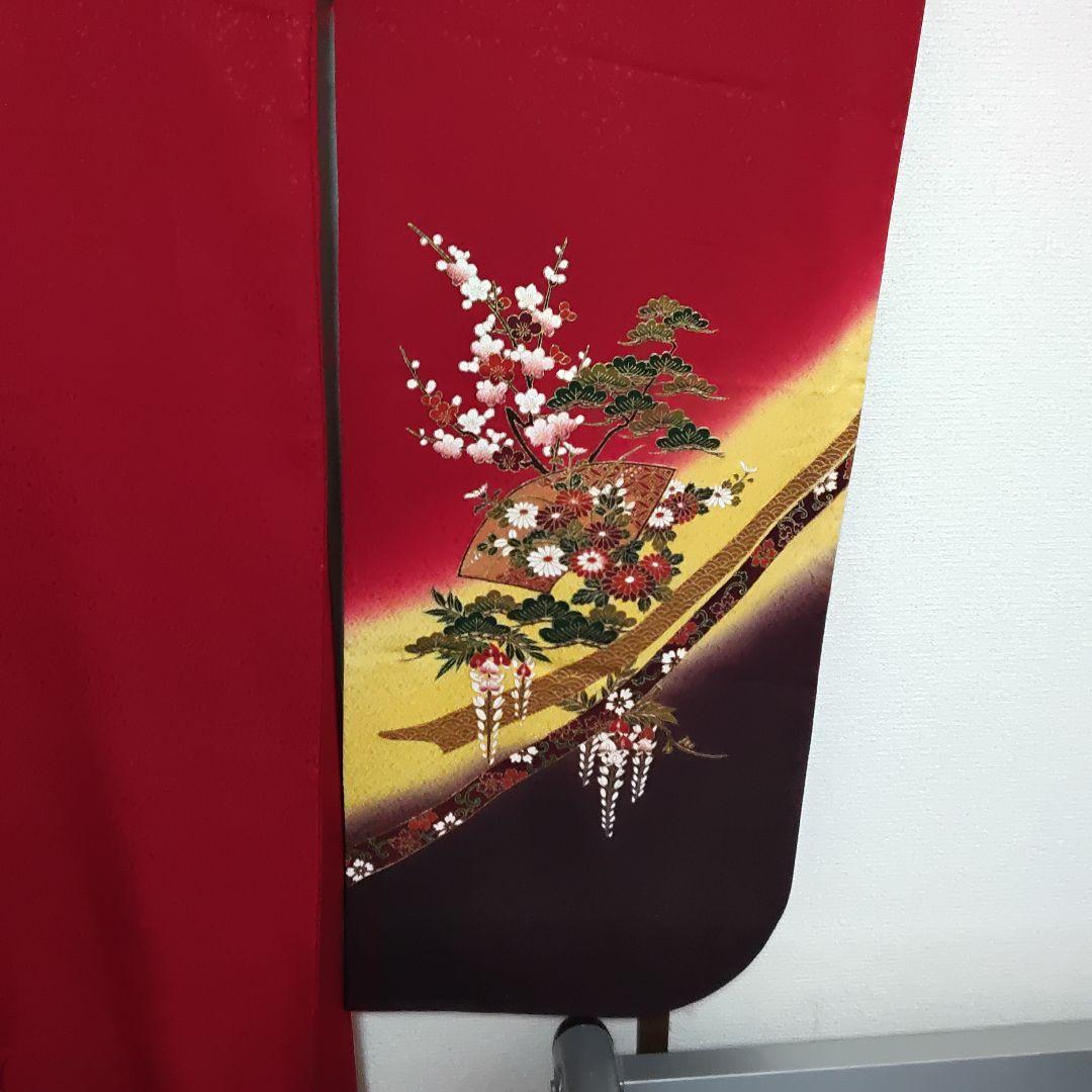 正絹　振袖　単品　赤系　和柄
