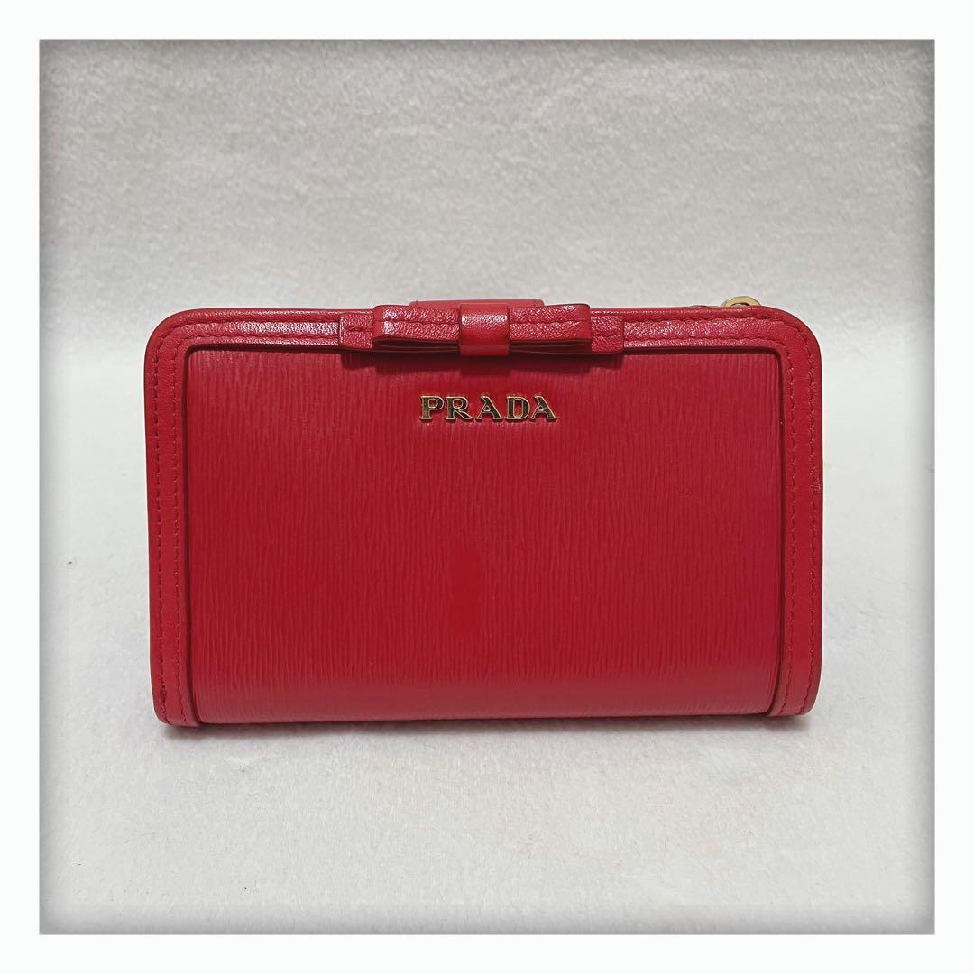 2/26削除‼️ 美品 PRADA プラダ ヴィッテロ 折り財布 リボン レッド