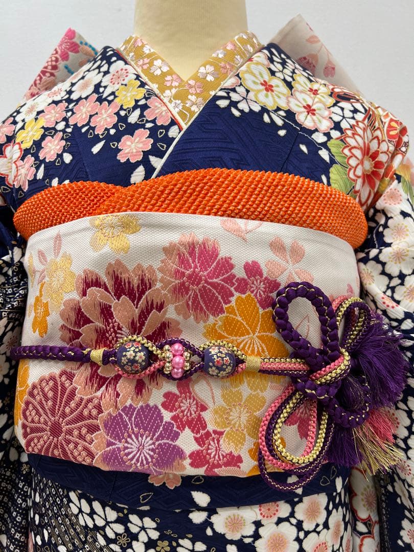 振り袖　フルセット　別誂長襦袢　金彩加工　刺繍入り　成人式　紺色　856