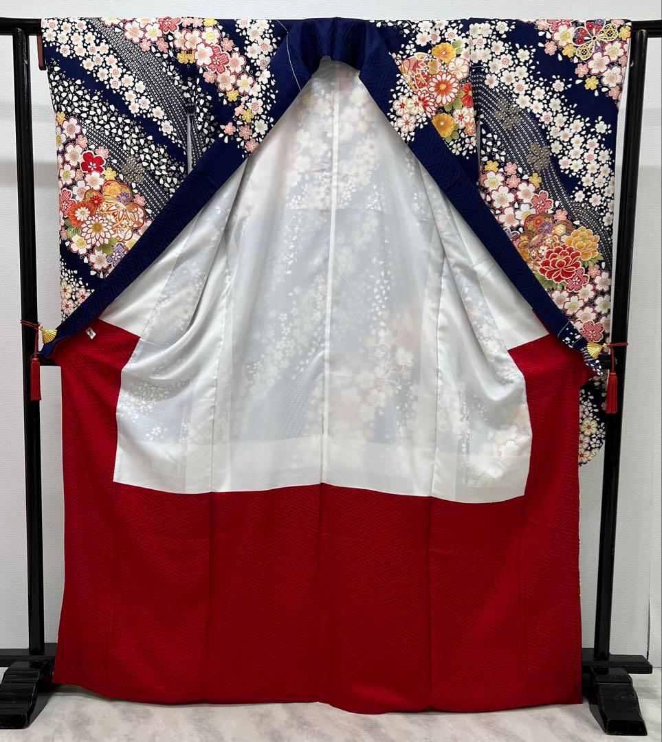 振り袖　フルセット　別誂長襦袢　金彩加工　刺繍入り　成人式　紺色　856