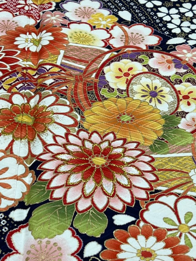 振り袖　フルセット　別誂長襦袢　金彩加工　刺繍入り　成人式　紺色　856