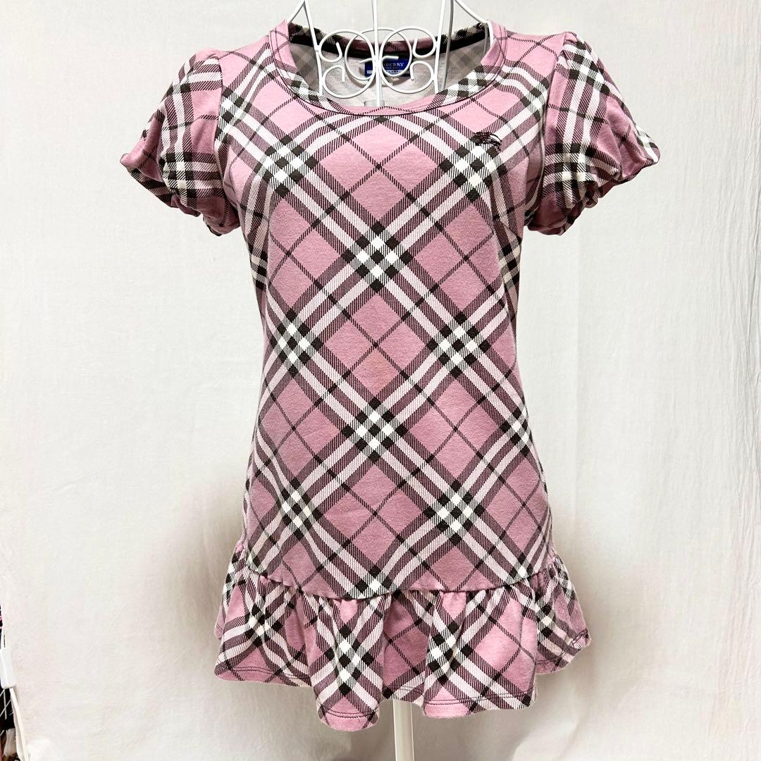 美品 バーバリーブルーレーベル カットソー チュニック チェック パフ袖 ピンク