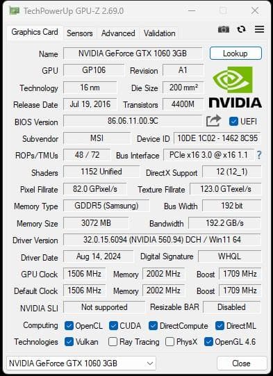 MSI GeForce GTX1060 3G 動作品ですがジャンクです
