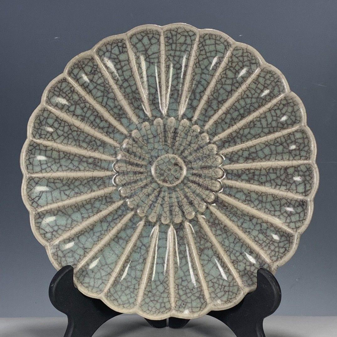 宋汝 磁器 開片瓜稜盤 景徳鎮 陶磁器 装飾品 工芸品 美術品 置物