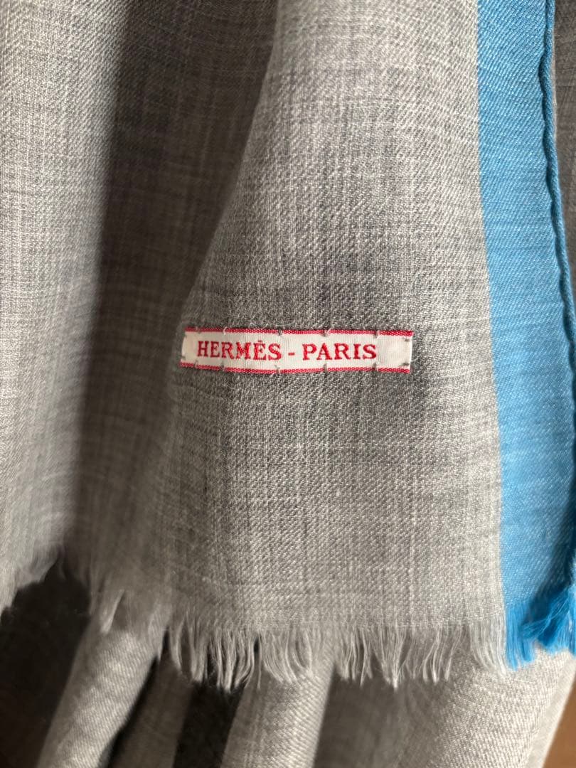 HERMES エルメス　大判ストール　100%カシミア　グレー&ブルー　フリンジ